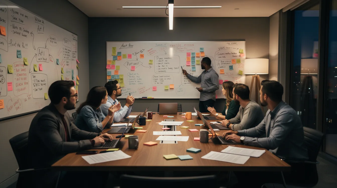 Das Bild zeigt einen modernen Writers' Room mit einem langen Tisch, umgeben von einem kreativen Team, das in einer Besprechung vertieft ist. Die Wände sind mit Whiteboards voller Notizen bedeckt, während das gedämpfte Licht eine inspirierende Atmosphäre für die Entwicklung von qualitativ hochwertigen Fernsehserien schafft.