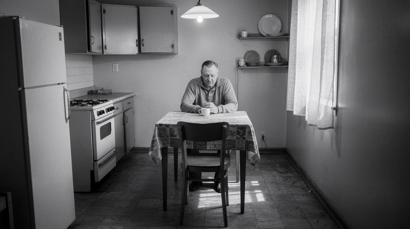Ein Mann sitzt allein an einem kleinen Küchentisch in einer engen, schlicht eingerichteten Wohnung im Stil der 1960er Jahre. Die Schwarzweißaufnahme vermittelt eine nostalgische Atmosphäre, die an das Leben in einem Junggesellen-Appartement erinnert.
