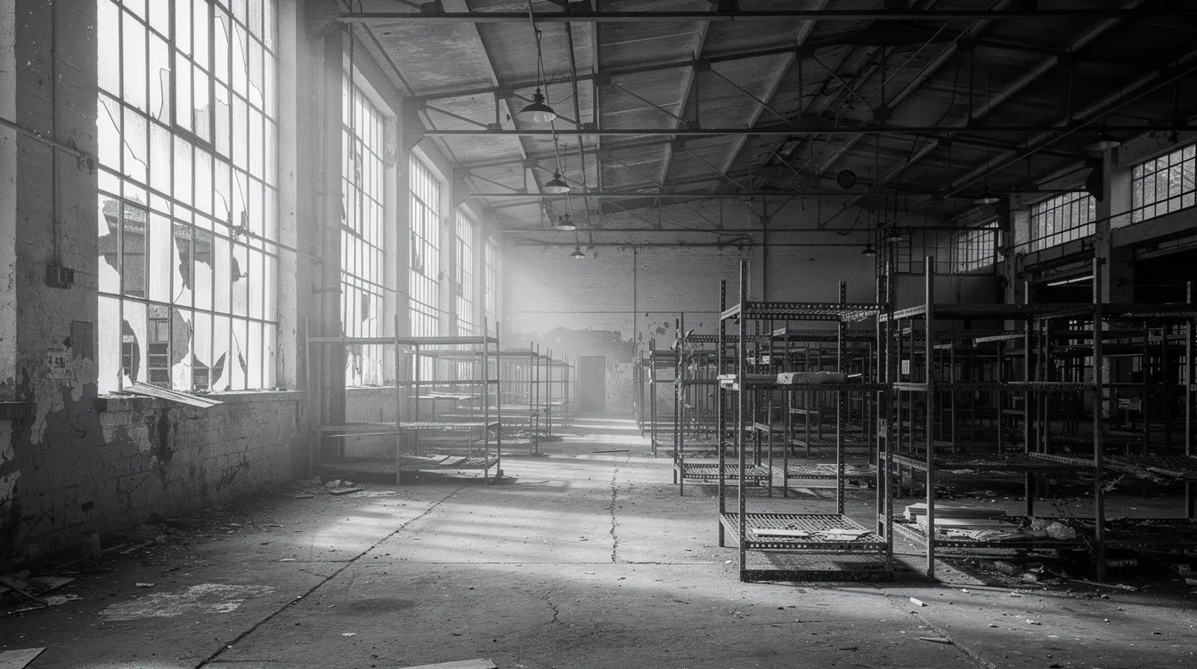 Die Schwarzweiß-Aufnahme zeigt eine verlassene Fabrikhalle aus der Mitte des 20. Jahrhunderts, geprägt von großen Fenstern und Metallregalen, die den rauen Industriecharakter der Umgebung betonen. Diese Szenerie könnte als Kulisse für eine Filmanalyse von „Schindlers Liste“ dienen, die sich mit den Themen des Holocaust und der menschlichen Realität auseinandersetzt.