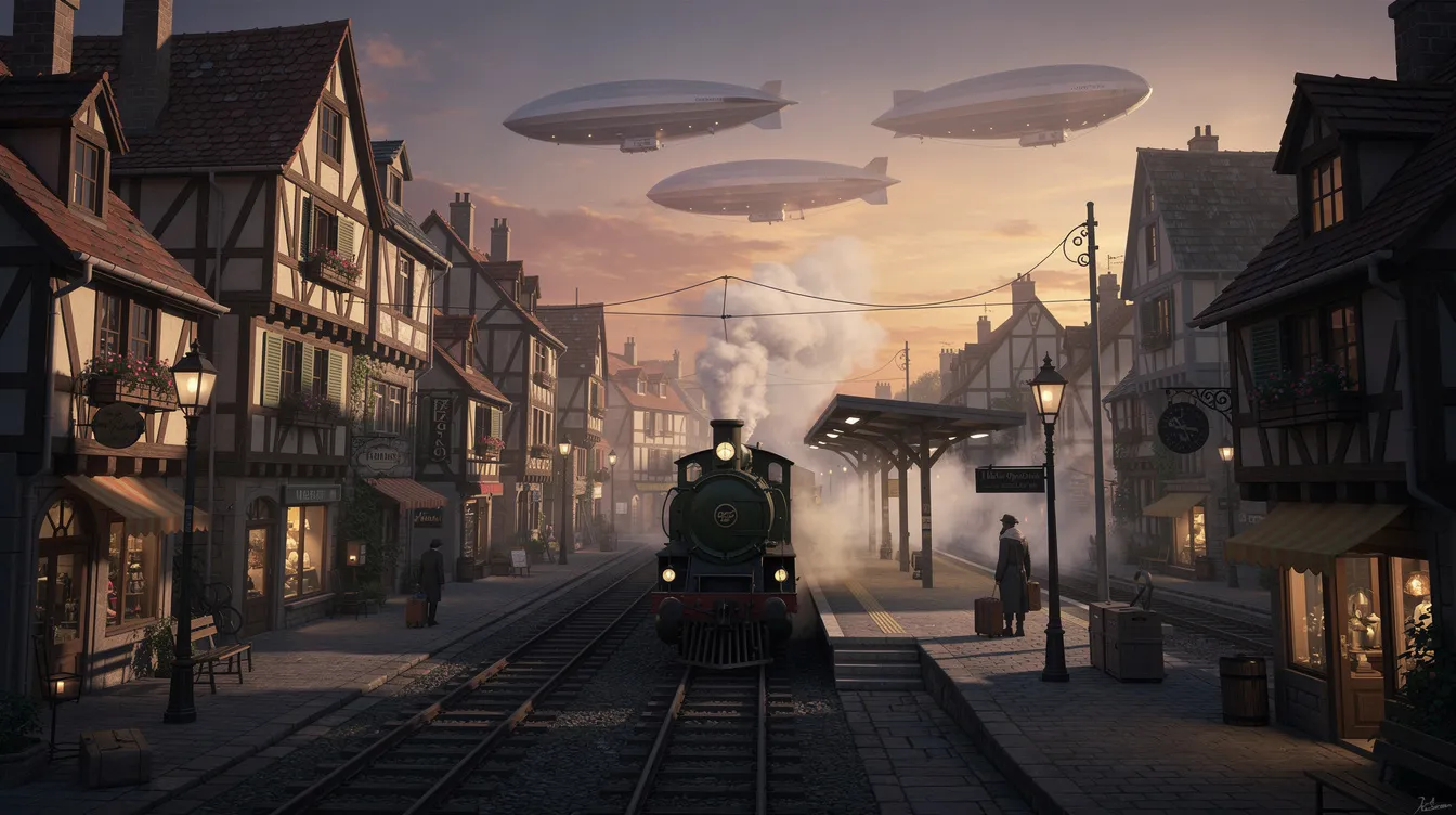 Die europäisch anmutende Kleinstadt zeigt malerische Fachwerkhäuser und Kopfsteinpflasterstraßen, während ein dampfender Zug am Bahnhof hält und Luftschiffe majestätisch am Abendhimmel schweben. Diese Szenerie erinnert an die fantastischen Welten von Hayao Miyazaki und das wandelnde Schloss, das in einem Märchen aus einer anderen Zeit zu leben scheint.