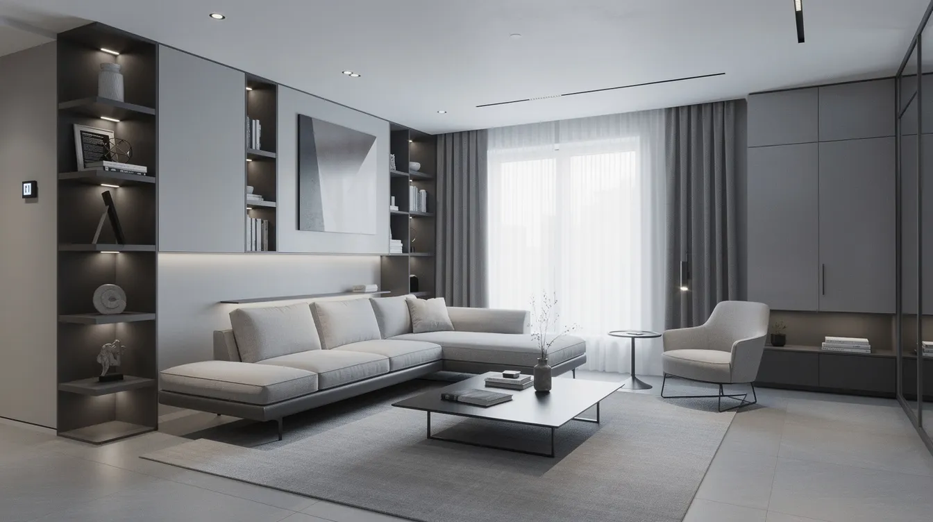 Das Bild zeigt ein steriles, perfekt eingerichtetes Apartment mit eleganten Designermöbeln in Grau- und Beigetönen, beleuchtet von kaltem Licht und ohne jegliche Menschen. Die menschenleere Atmosphäre vermittelt ein Gefühl von Einsamkeit und Ruhe, das an die Themen von David Finchers "Fight Club" erinnert, in dem der Protagonist mit seiner inneren Leere konfrontiert wird.