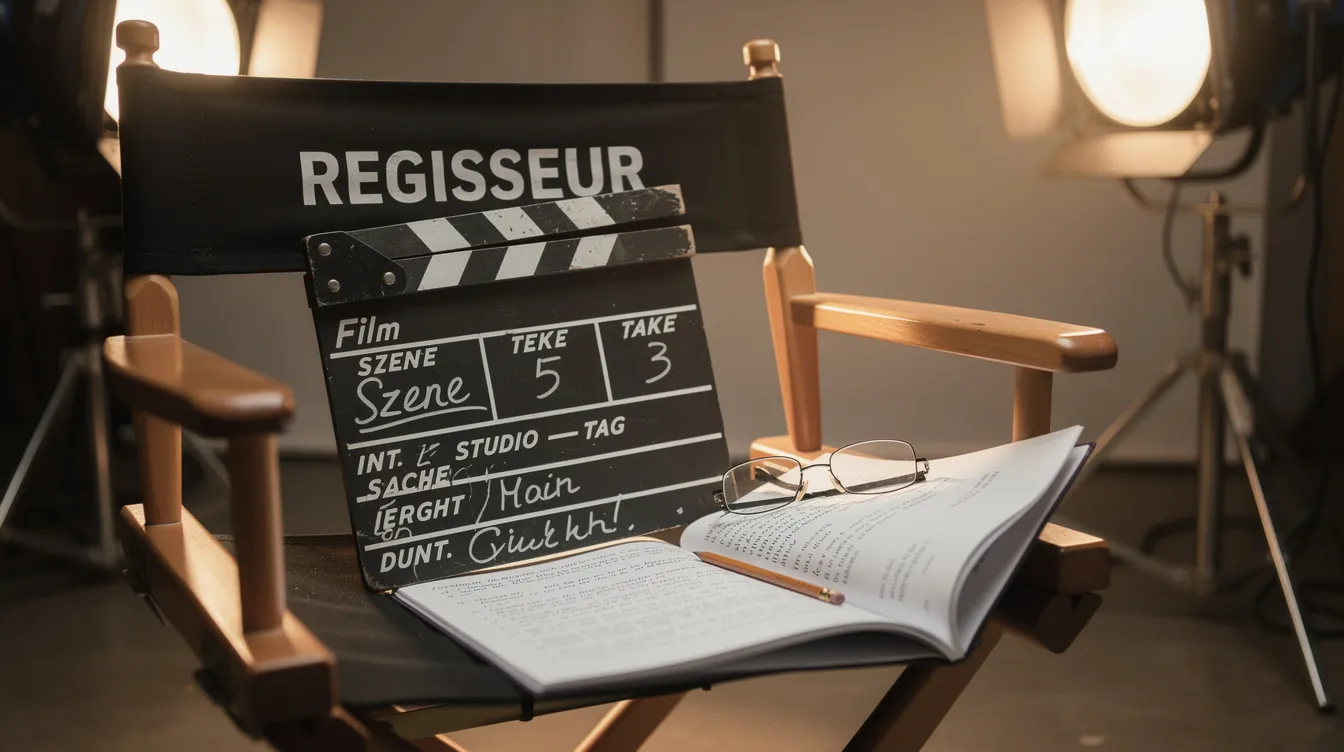 Auf einem Regiestuhl liegt eine Filmklappe neben einem aufgeschlagenen Drehbuch, während im Hintergrund Studioscheinwerfer leuchten. Diese Szene vermittelt den kreativen Prozess der Filmproduktion und lädt zur Betrachtung der filmischen Kunstform ein.