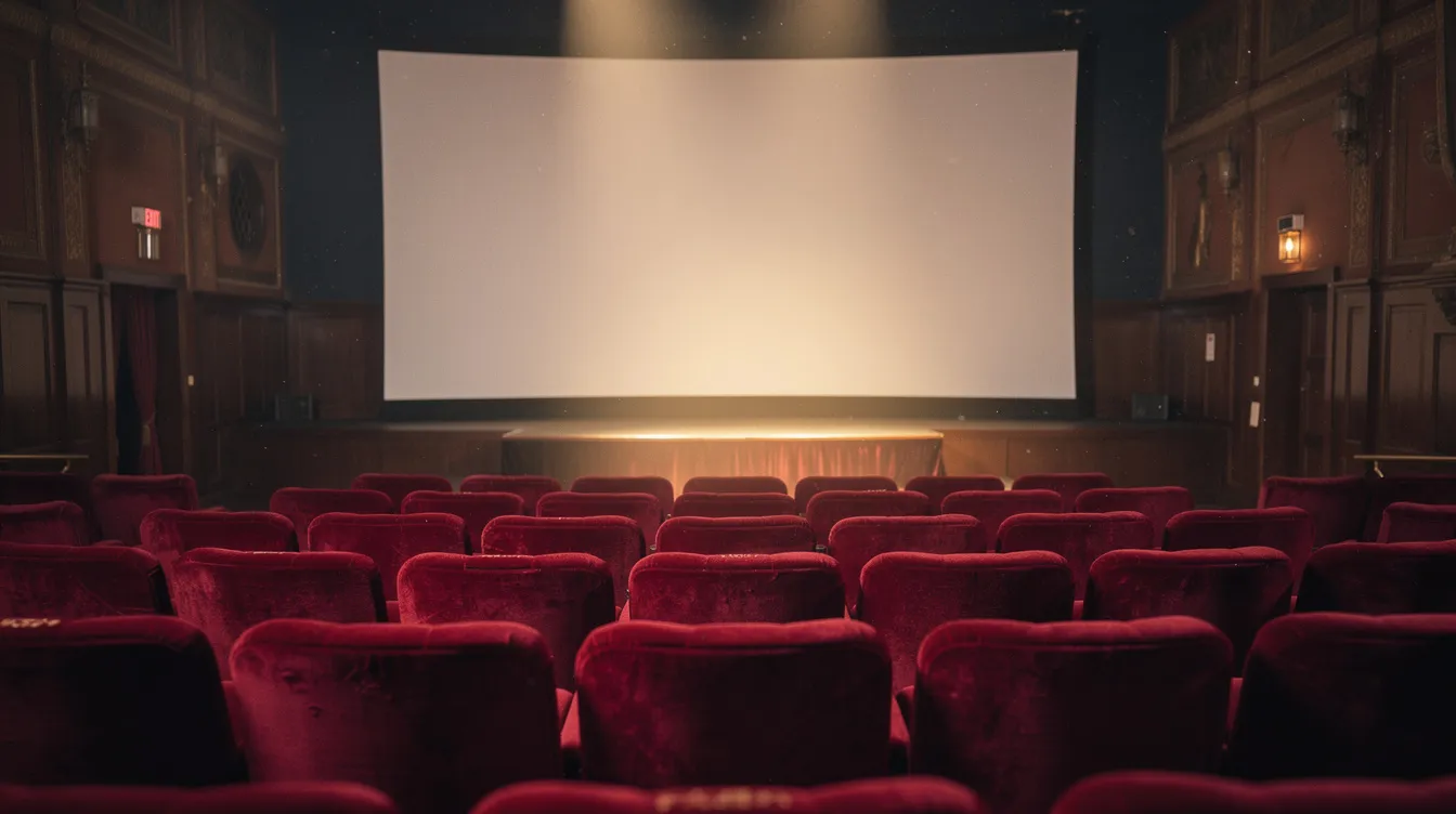 Ein leerer Kinosaal mit eleganten Samtsitzen und einer großen Leinwand, auf der sanftes Licht fällt, symbolisiert die zeitlose Wirkung des Kinos. Dieser Raum, der an die Werke von Regisseuren wie Martin Scorsese erinnert, bietet Platz für die Geschichten von Gangstern und Verbrechern, wie sie in "Goodfellas" erzählt werden.