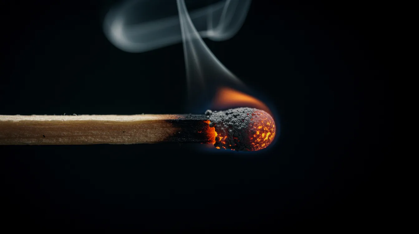 Ein langsam glimmendes Streichholz mit einer kleinen Flamme, die sich behutsam und millimeterweise an einem Holzstab entlangfrisst, vor einem dunklen Hintergrund. Diese Szene vermittelt ein Gefühl von langsamer Spannung und erzählt von der Kunst des "slow burn", ähnlich wie in fortlaufenden Serien, wo Charaktere und Handlungen sich allmählich entwickeln.