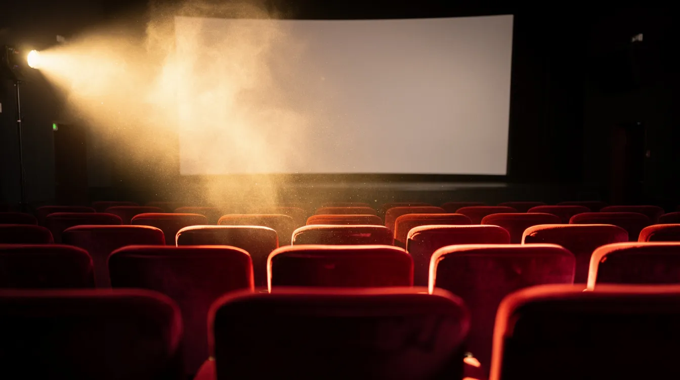 Ein dunkler Kinosaal mit warmem Licht des Projektors, das auf eine große Leinwand fällt, während im Vordergrund leere rote Samtsitze stehen. Dieser Raum erinnert an die besten Filme der 70er Jahre, in denen Meisterwerke wie "Der Pate" und "Apocalypse Now" das Publikum fesselten.