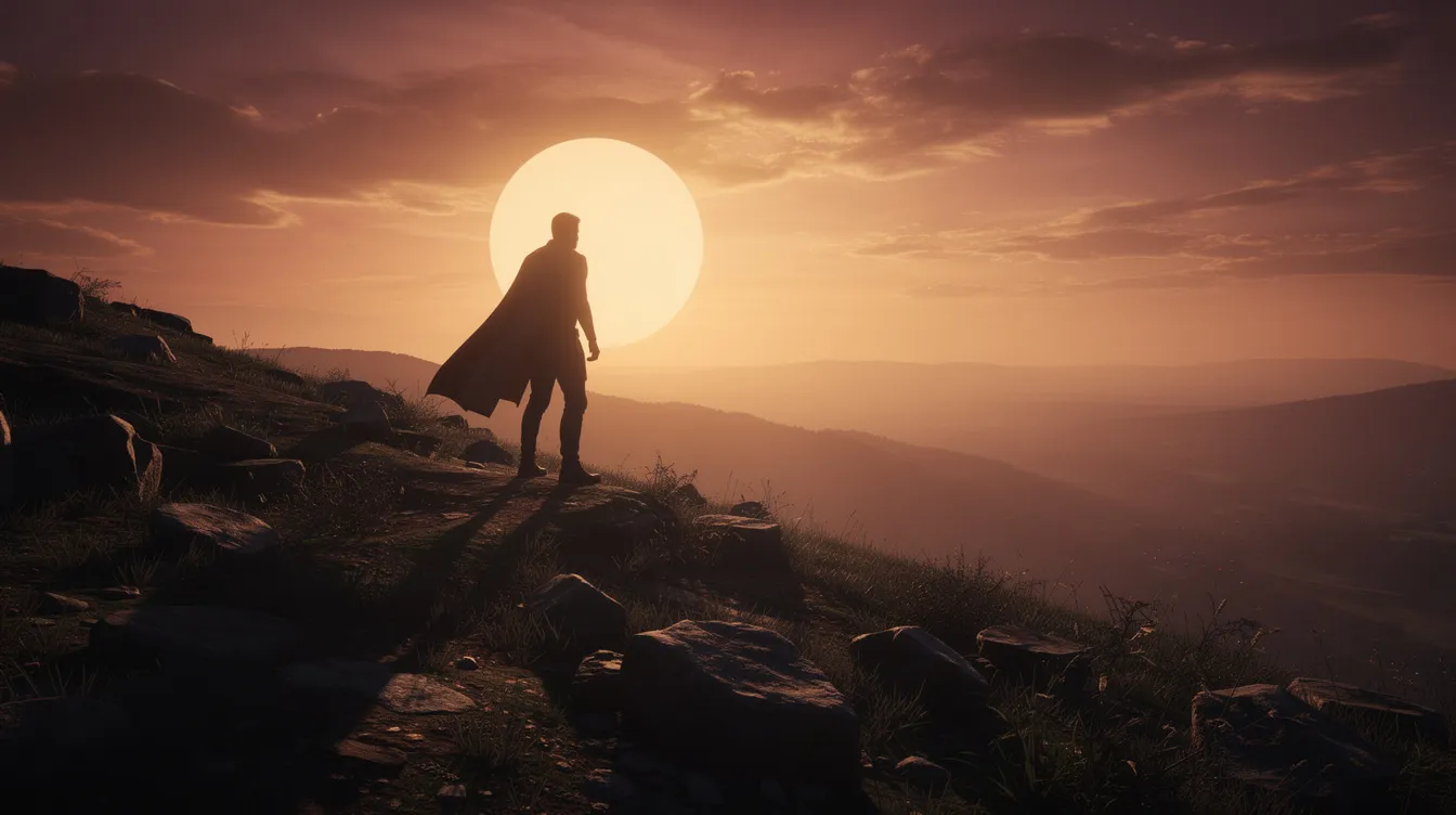 Die dramatische Silhouette einer Figur steht auf einem Hügel und blickt in die Ferne, während die Sonne am Horizont untergeht. Diese Szene symbolisiert den Höhepunkt der Heldenreise, ein zentraler Moment in der Erzählstruktur, der den emotionalen Höhepunkt der Geschichte darstellt.