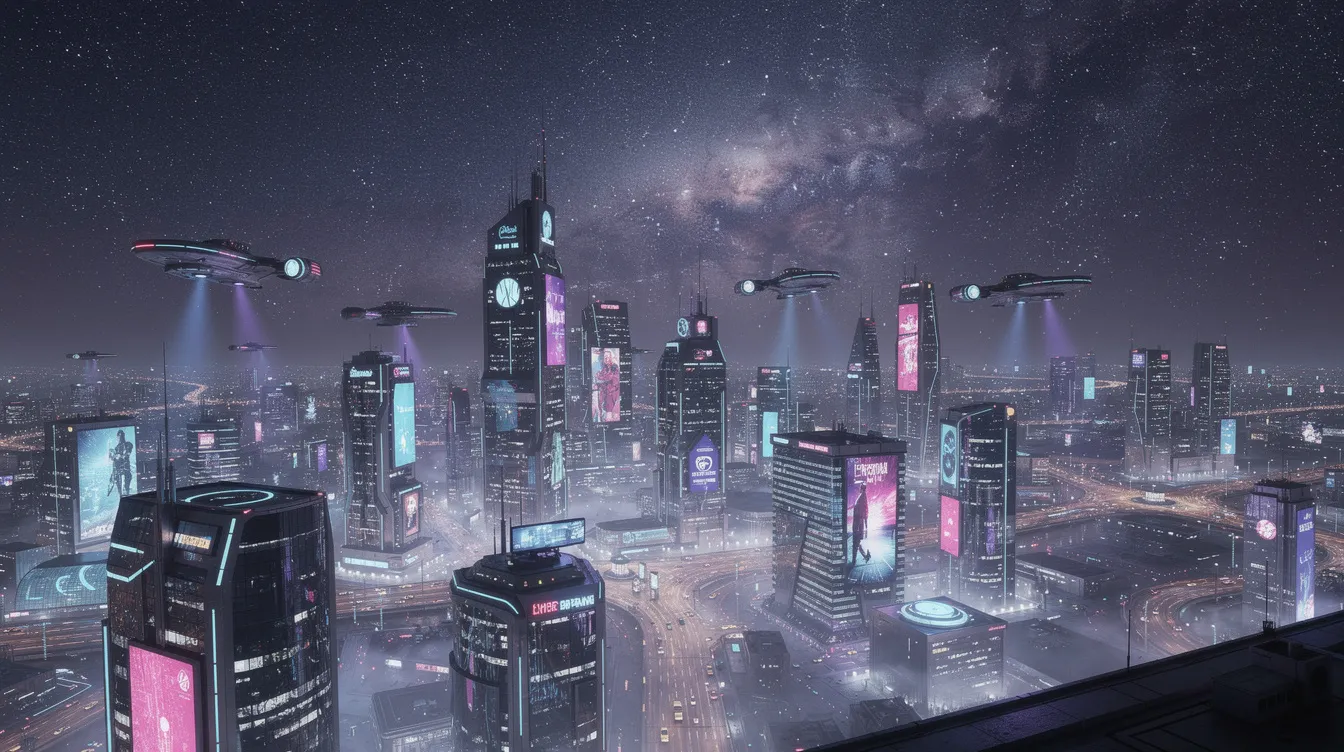 Der nächtliche Sternenhimmel über einer futuristischen Stadt zeigt Raumschiffe, die über beleuchteten Hochhäusern schweben, und vermittelt eine Atmosphäre von Innovation und Fortschritt. Diese Szene erinnert an die beeindruckenden Welten in Science-Fiction-Filmen wie Star Wars oder Star Trek, die oft als Teil von Unternehmensstrukturen in der Unterhaltungsindustrie betrachtet werden.