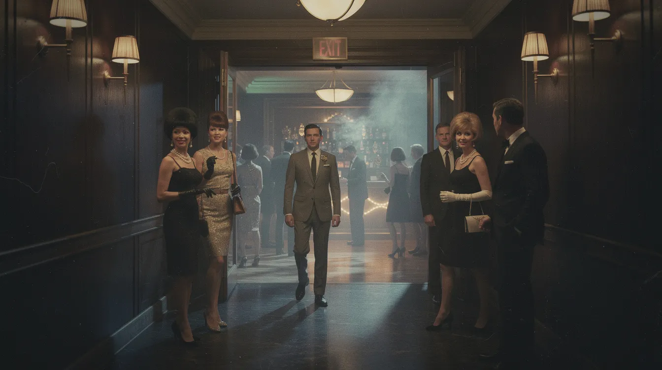 Die stilisierte Nachtclub-Szene im New York der 1960er Jahre zeigt elegante Gäste, die in gedämpftem Licht einen langen Gang in einen glamourösen Club betreten. Diese Atmosphäre erinnert an die Welt der Mafia und an Filme wie "Goodfellas", die das Leben von Gangstern und deren Auseinandersetzungen thematisieren.
