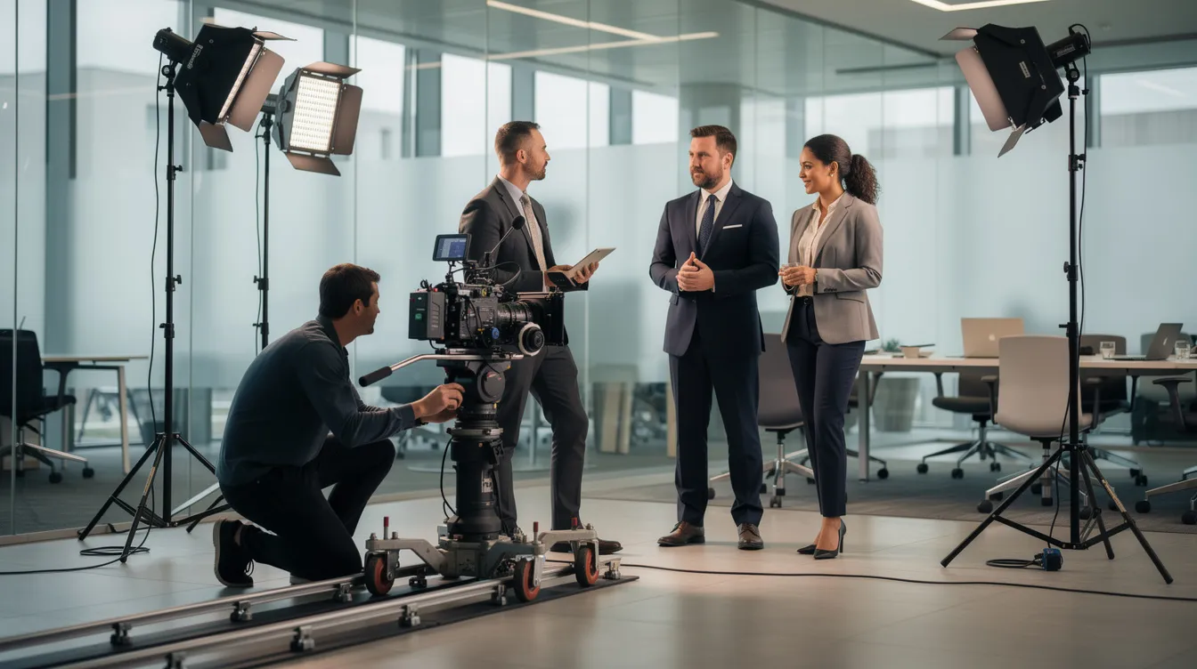 Ein professionelles Filmteam dreht in einem modernen Bürogebäude, während eine Kamera auf Schienen präzise bewegt wird. Im Hintergrund sind Lichtstative sichtbar, während zwei Personen in Business-Kleidung vor der Kamera stehen und an einem Filmprojekt arbeiten.