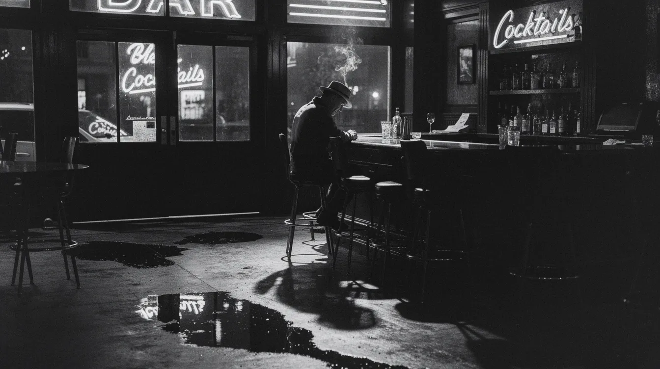 In einer Schwarzweißaufnahme aus den 1950er Jahren ist eine einsame Figur am Tresen einer Bar zu sehen, umgeben von dramatischen Schatten und Neonlichtern, die sich in Pfützen spiegeln. Diese Szene erinnert an das Nachtleben und das Streben nach einem sinnvollen Leben, wie es in Akira Kurosawas Werk "Ikiru" thematisiert wird.