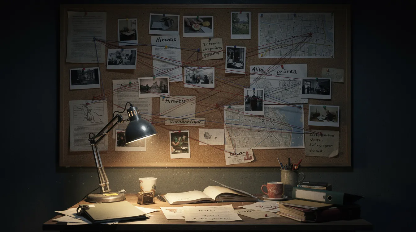 Das Bild zeigt eine Ermittlungstafel, auf der verschiedene Hinweise mit bunten Fäden verbunden sind, beleuchtet von einer einzelnen Schreibtischlampe in einem dunklen Raum. Diese Szene könnte aus einem Thriller wie "Se7en" stammen, der von der Mordserie und den sieben Todsünden handelt.