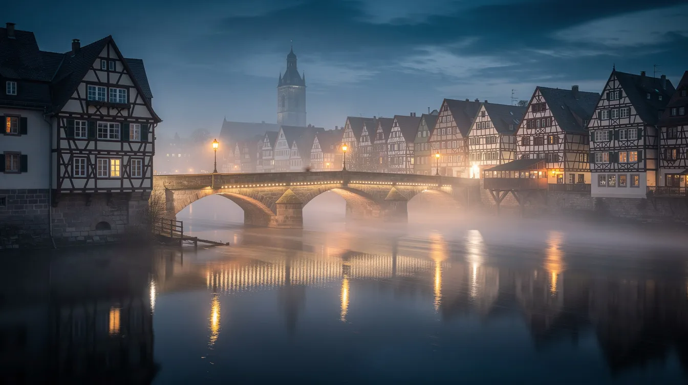 Die nächtliche deutsche Stadtlandschaft zeigt malerische Fachwerkhäuser, die von sanftem Licht beleuchtet werden, während eine elegante Brücke über einen nebligen Fluss führt. Diese Szenerie könnte direkt aus einem spannenden Kriminalfilm oder einem klassischen Thriller stammen, in dem Ermittler und Täter im Schatten der Geschichte agieren.
