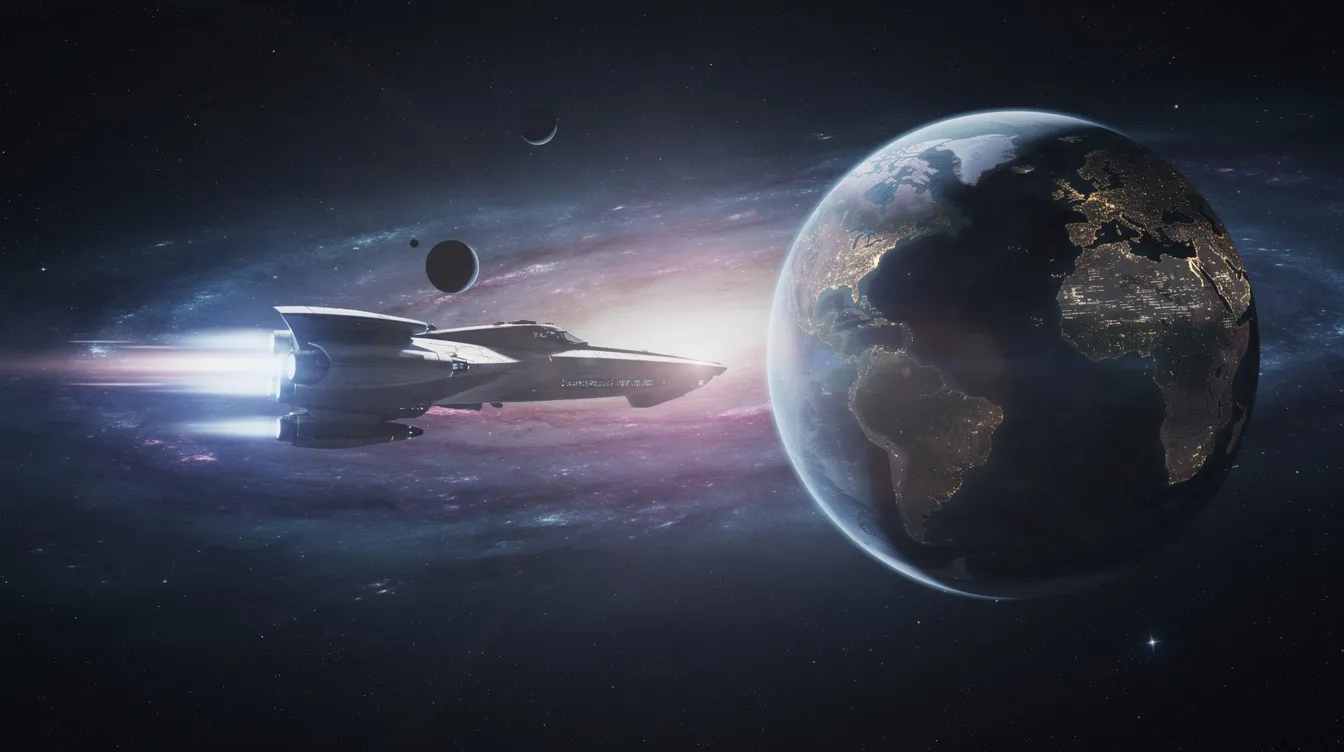 Ein futuristisches Raumschiff, ähnlich der Raumschiff Enterprise aus der Serie "Star Trek: The Next Generation", fliegt mit hoher Geschwindigkeit an einem leuchtenden Planeten und einem mysteriösen Nebel vorbei. Die Szene vermittelt ein Gefühl von Abenteuer und Erkundung im unendlichen Weltraum.