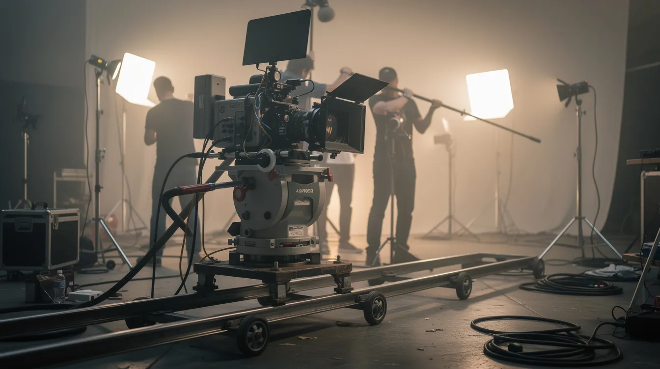 Auf dem Filmset sind eine große Filmkamera auf Schienen und Crew-Mitglieder bei der Arbeit zu sehen, während im Hintergrund gedämpftes Studiolicht die Atmosphäre prägt. Diese Szenerie erinnert an die Intensität eines Boxfilms wie "Raging Bull", in dem Robert De Niro als Jake La Motta brilliert.