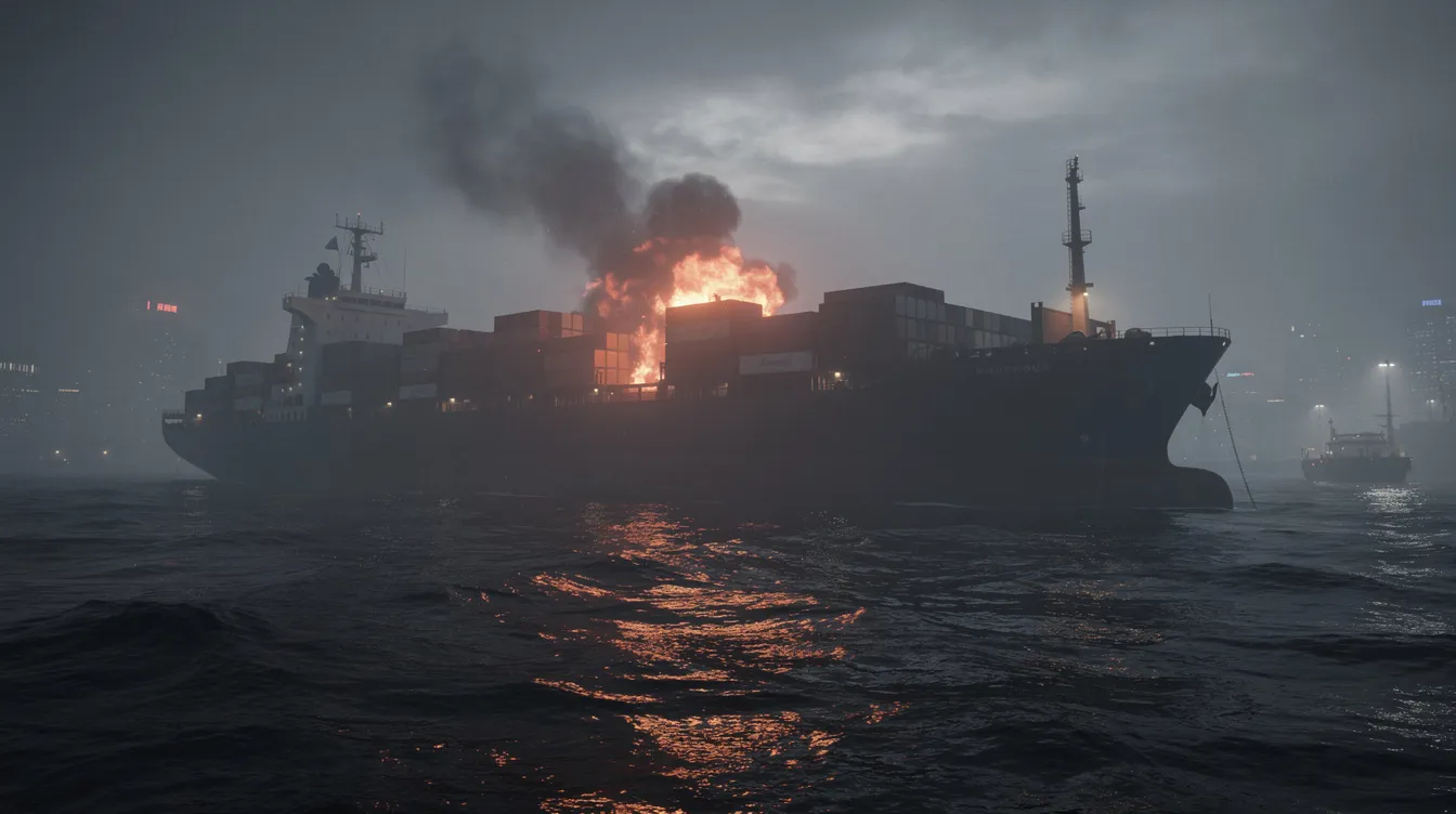 Ein dunkles Frachtschiff zeichnet sich als Silhouette im nebligen Hafen bei Nacht ab, während Flammen und Rauch von seinem Deck aufsteigen und orangefarbenes Licht auf die Wasseroberfläche reflektieren. Diese Szene erinnert an die düstere Atmosphäre eines Film Noir und könnte aus einem Thriller wie "The Usual Suspects" stammen.