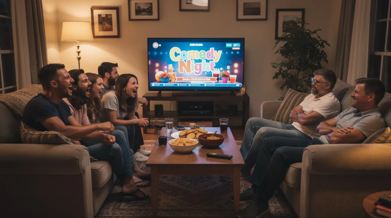 In einem gemütlichen Wohnzimmer sitzen mehrere Personen auf einer Couch, während sie gebannt eine Fernsehsendung verfolgen. Einige lachen laut über die Charaktere, während andere genervt die Augen verdrehen, was die Mischung aus Freude und Abscheu, die das Phänomen des "Hate Watching" ausmacht, deutlich macht.