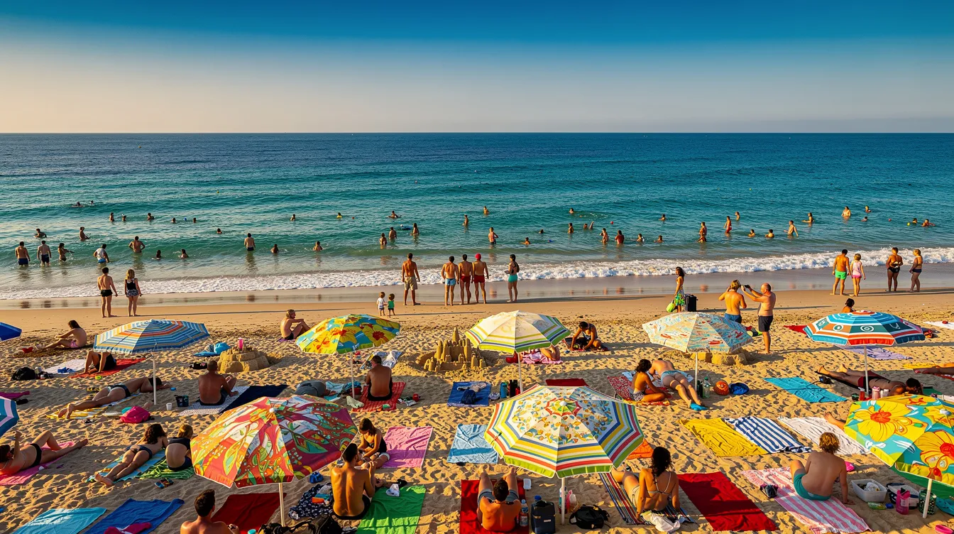 Ein sommerlicher Badestrand ist mit vielen Badegästen gefüllt, die im Wasser und am Ufer entspannen. Bunte Handtücher und Sonnenschirme schmücken den Sand, während im Hintergrund das offene Meer unter einem klaren blauen Himmel zu sehen ist – eine friedliche Szene, die an die Spannung von „Der weiße Hai“ erinnert.