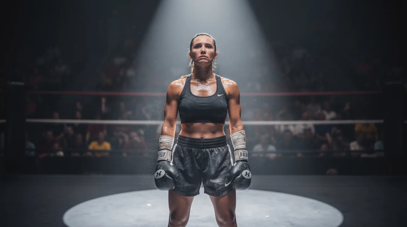 Eine schweißbedeckte Boxerin steht konzentriert im Ring, beleuchtet von einem Spotlicht, während das Publikum im Hintergrund verschwommen bleibt. Diese Szene erinnert an die inspirierende Geschichte von Maggie Fitzgerald aus "Million Dollar Baby", die für ihren Traum kämpft.