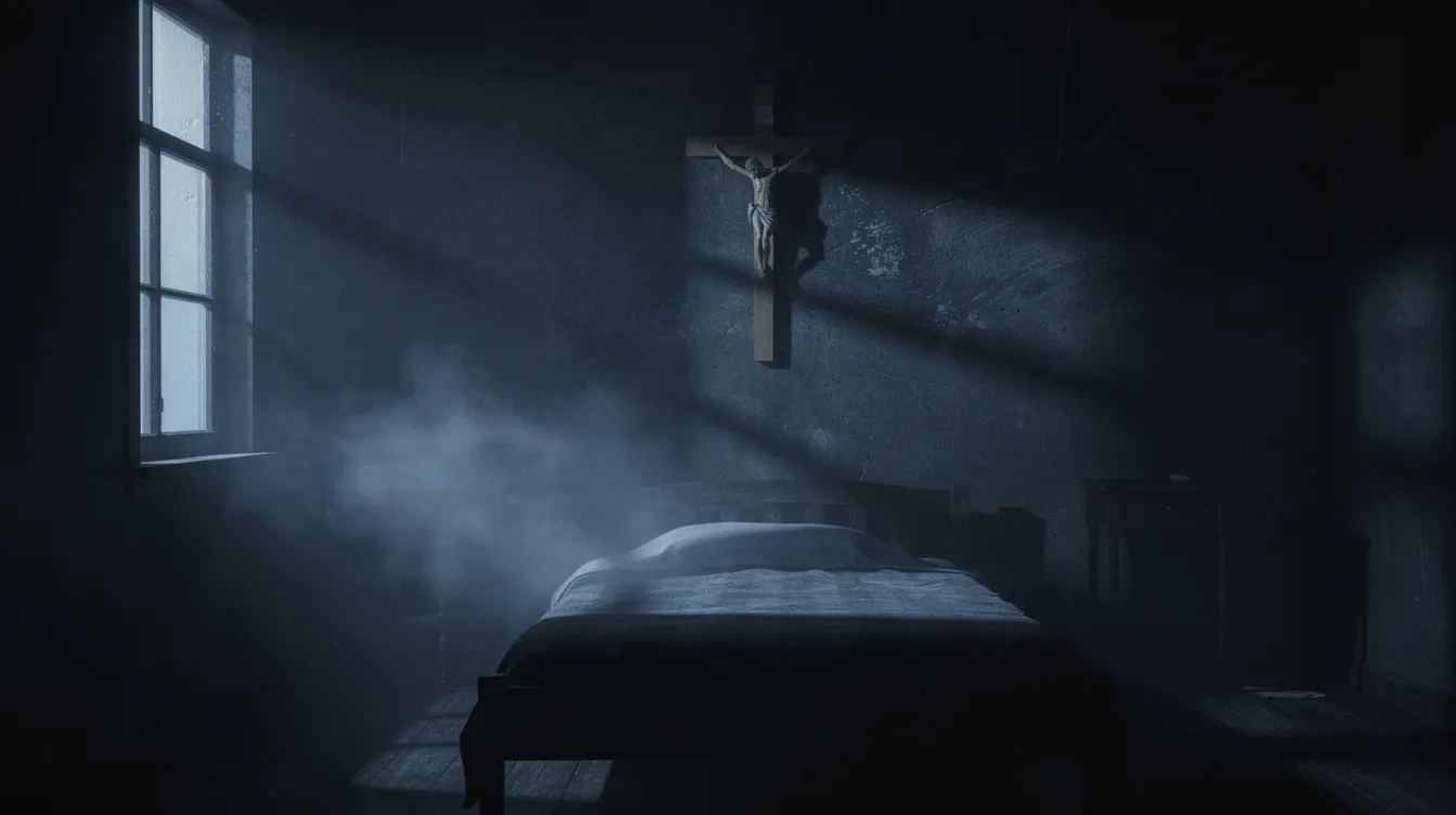 Ein dunkles Schlafzimmer, in dem ein Kruzifix an der Wand hängt, wird von kaltem blauem Licht durch ein Fenster erleuchtet. Sichtbare Atemwolken schweben in der eisigen Luft und erzeugen eine unheimliche Atmosphäre, die an die Besessenheit in "Der Exorzist" erinnert.