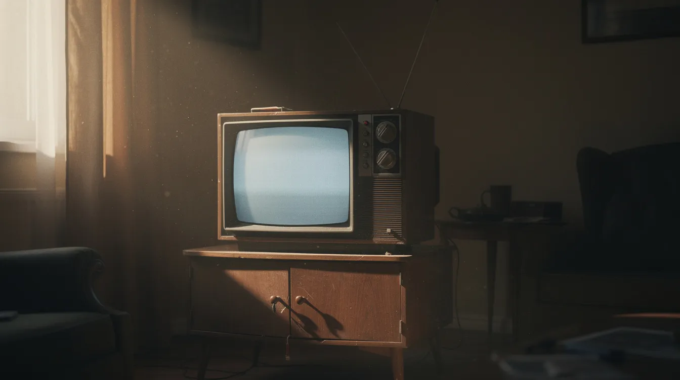 Das Bild zeigt einen altmodischen Röhrenfernseher, der in einem abgedunkelten Wohnzimmer steht und von dramatischem Lichteinfall beleuchtet wird. Die Atmosphäre erinnert an nostalgische TV-Serien wie "Happy Days", während der Fernseher als zentrales Element in diesem Raum fungiert.