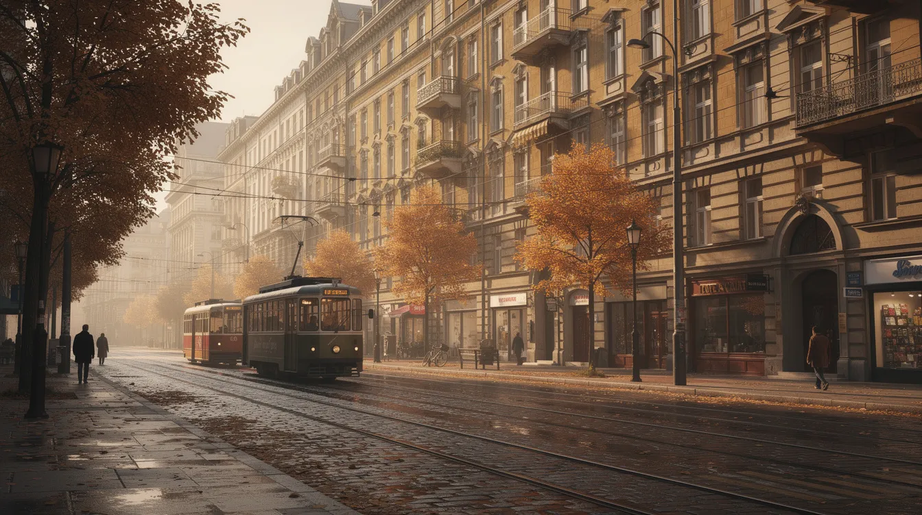 Die historische Häuserzeile einer europäischen Großstadt erstrahlt im sanften Herbstlicht, umgeben von Vorkriegsarchitektur, Kopfsteinpflaster und Straßenbahnen, die durch die Szene fahren. Diese Kulisse erinnert an die bewegte Geschichte, in der das Leben von Menschen wie dem Pianisten Władysław Szpilman im Krieg geprägt wurde.