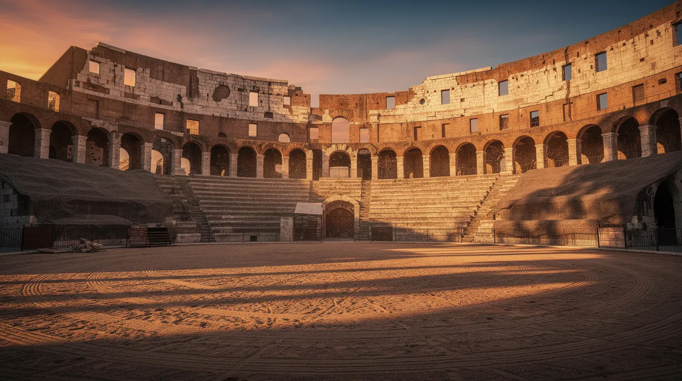 Die antike römische Arena, inspiriert von der beeindruckenden Kolosseum-Architektur, erstrahlt im dramatischen Licht des Sonnenuntergangs über dem sandigen Boden. Diese Szenerie erinnert an die epischen Filme von Stanley Kubrick, die oft das Thema des menschlichen Lebens und der Geschichte behandeln.