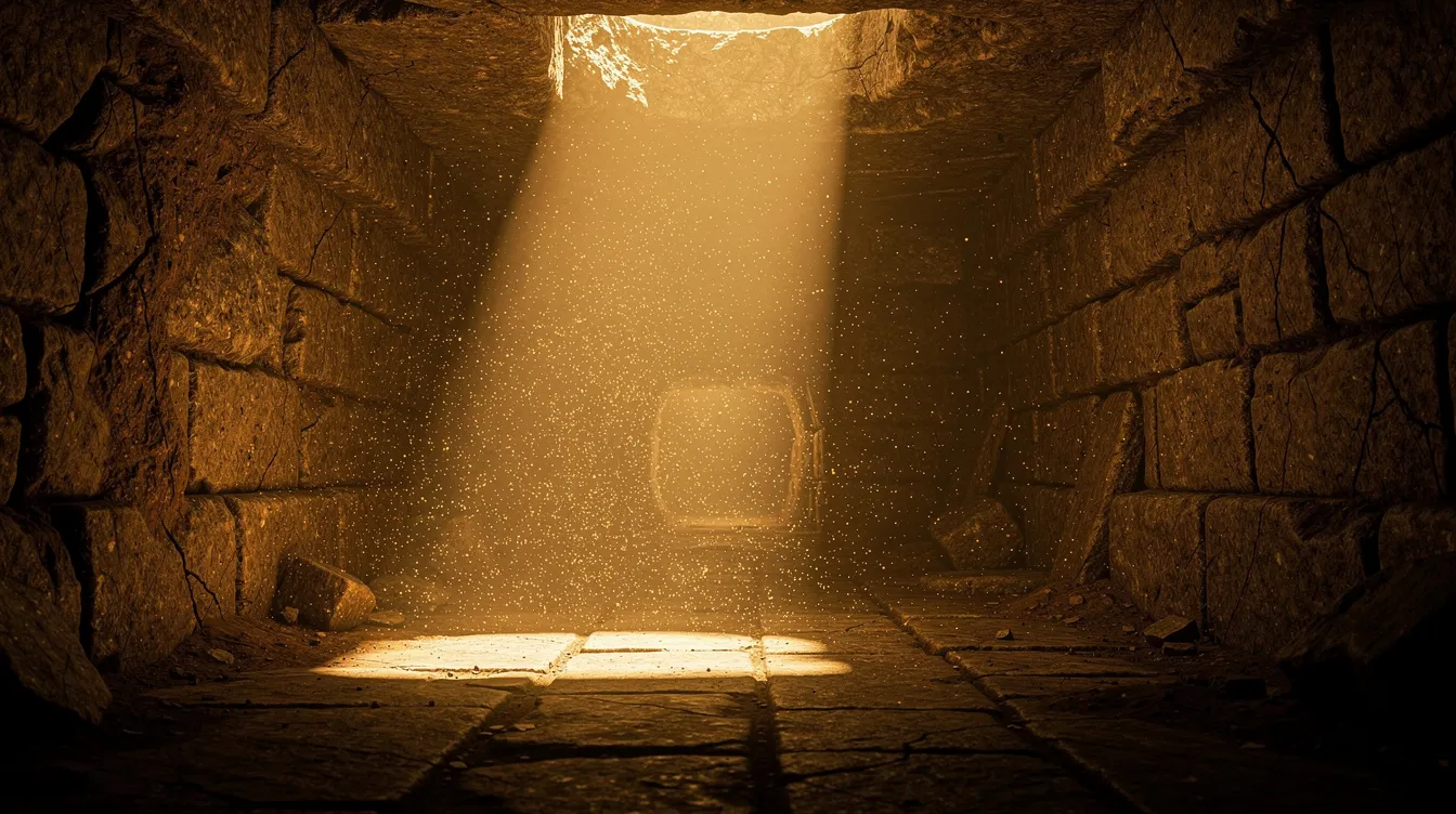 Ein warmes, goldenes Licht strömt durch einen engen Steingang und beleuchtet eine dunkle unterirdische Kammer, während Staubpartikel in der Luft sichtbar sind. Diese geheimnisvolle Szenerie erinnert an die Abenteuer von Indiana Jones in "Jäger des verlorenen Schatzes".