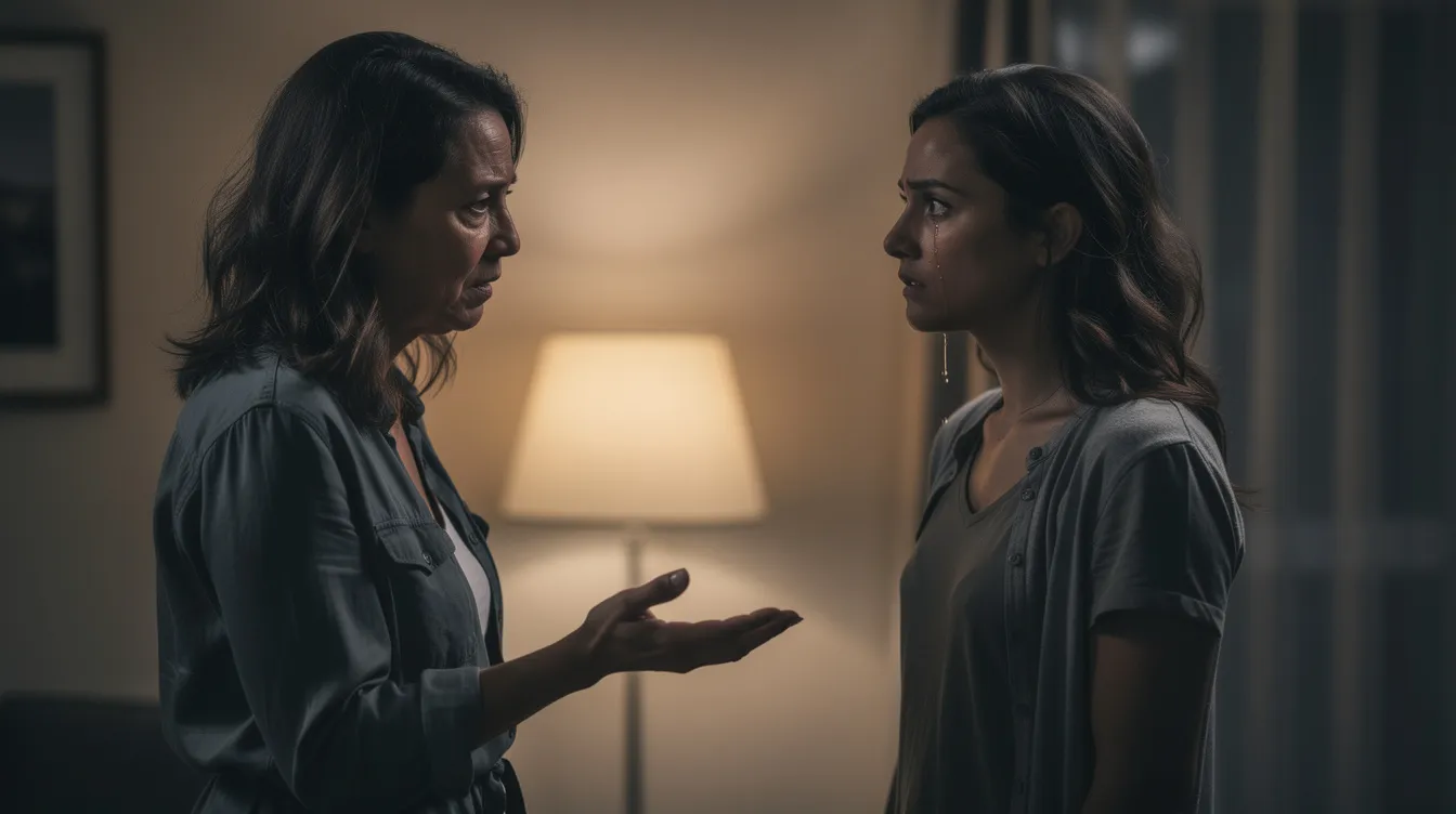 In einem schwach beleuchteten Raum stehen sich eine Mutter und ihre erwachsene Tochter gegenüber, wobei die Tochter Tränen in den Augen hat und die Mutter vorsichtig ihre Hand ausstreckt. Diese emotionale Szene spiegelt die komplexen Beziehungen und Themen des Lebens wider, ähnlich wie in den Filmen von Daniel Scheinert und Daniel Kwan, insbesondere "Everything Everywhere All at Once".