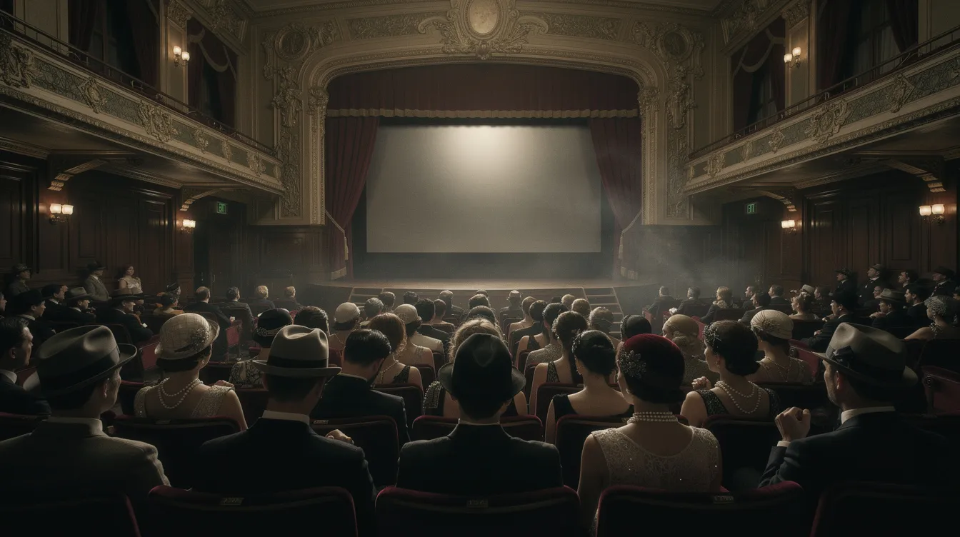In einem Vintage-Kinosaal der 1920er-Jahre sitzt ein gebanntes Publikum und schaut auf eine große Leinwand, während dramatische Beleuchtung den Raum in ein nostalgisches Licht taucht. Die Atmosphäre ist geprägt von Spannung und der Vorfreude auf actionreiche Szenen, die an Filme wie "Cliffhanger – Nur die Starken" erinnern.