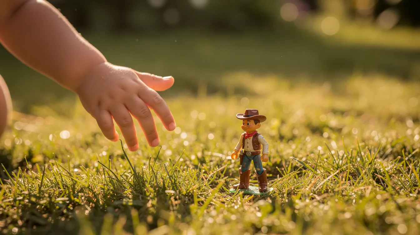 Ein Kind greift mit seiner kleinen Hand nach einer Cowboy-Figur auf einer sonnigen Rasenfläche, die an die Abenteuer aus "Toy Story" erinnert. Die Figur könnte Woody sein, ein beliebtes Spielzeug aus dem Pixar-Film, das viele Kinder begeistert.