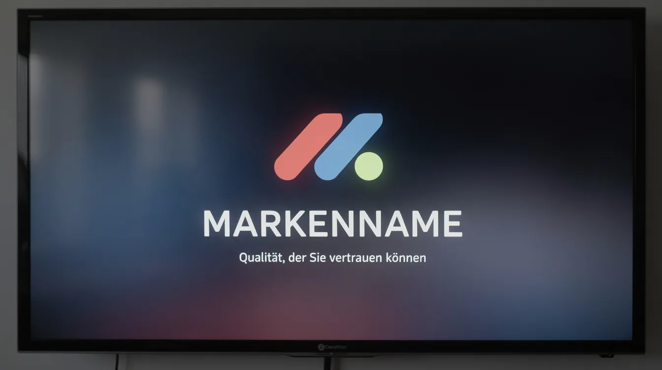 Die Nahaufnahme eines Bildschirms zeigt das Markenlogo, das am Ende eines Werbespots eingeblendet wird. Der Bildschirm vermittelt Informationen über die Produkte und Dienstleistungen der Marke und ist Teil der Öffentlichkeitsarbeit und Medienkommunikation.