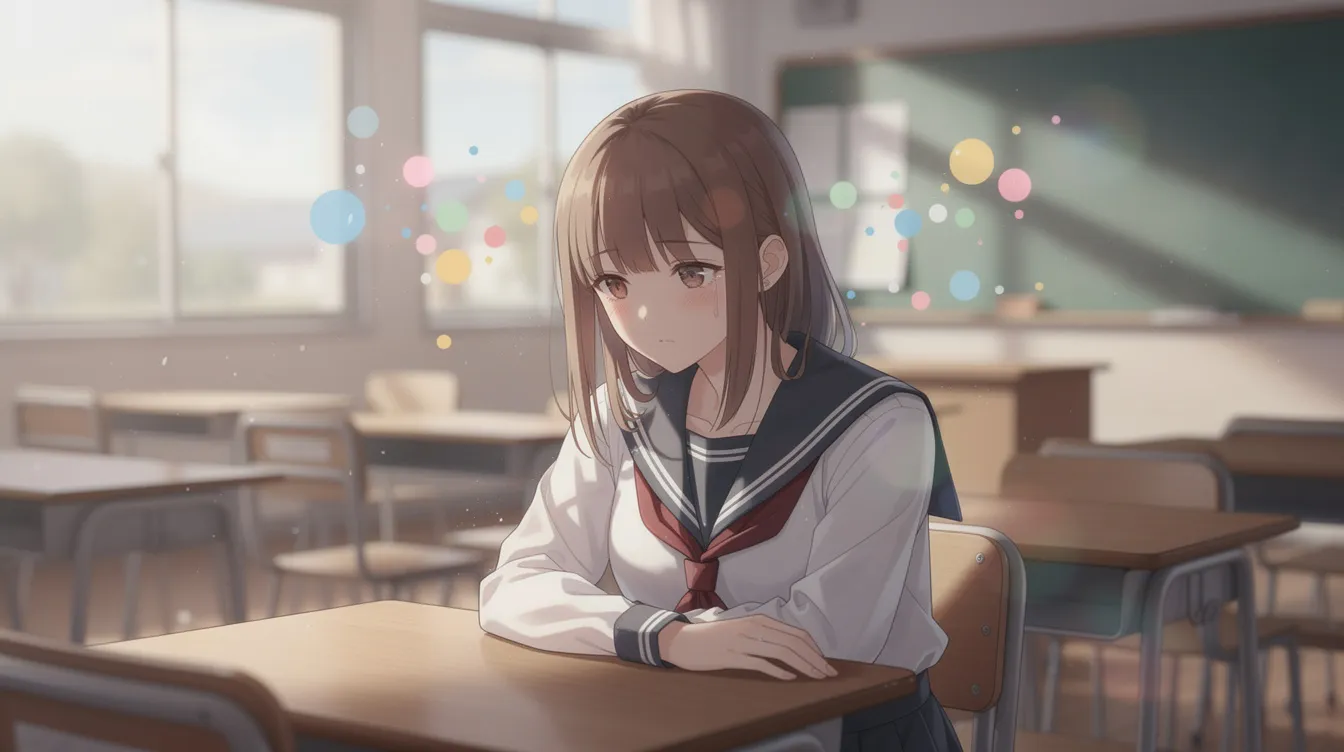 Ein animiertes Mädchen mit braunen Haaren sitzt allein in einem Klassenzimmer und schaut traurig, während bunte Lichtreflexe um ihren Kopf schweben. Diese Szene spiegelt die Emotionen von Kummer und Freude wider, die in dem Pixar-Film "Alles steht Kopf" thematisiert werden.