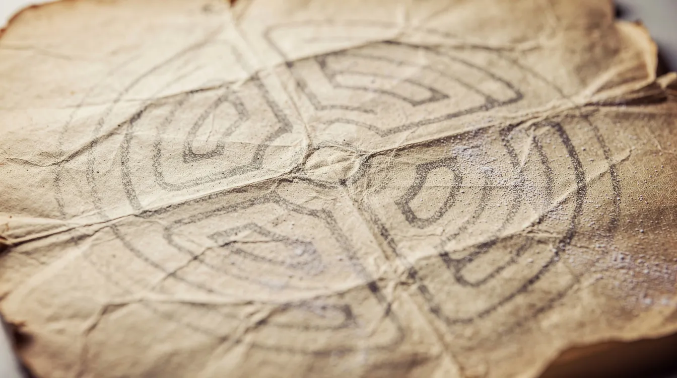 Die Nahaufnahme zeigt eine handgezeichnete Labyrinthskizze auf vergilbtem Papier, deren Bleistiftlinien an den Rändern verwischt sind. Diese Zeichnung könnte die Spannung und das Rätsel eines Thrillers widerspiegeln, ähnlich wie die Suche nach der Wahrheit in einem Film wie "Prisoners".