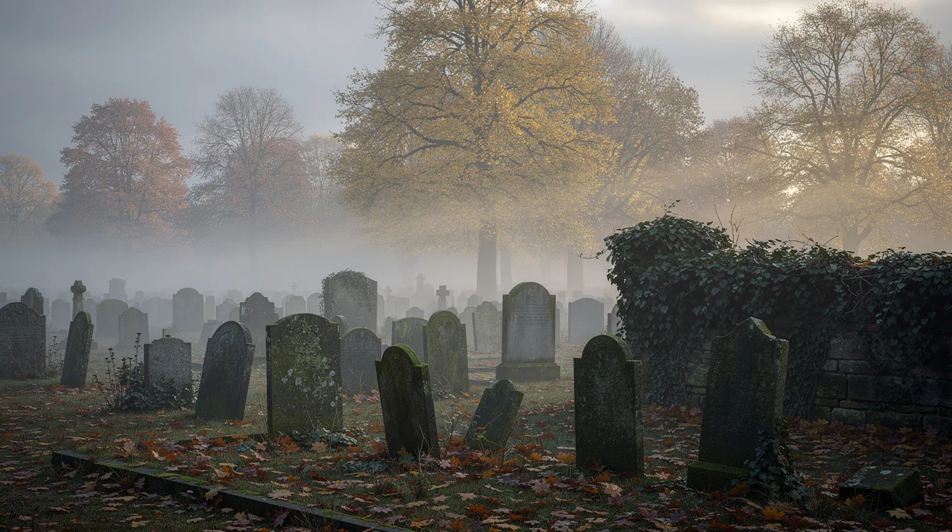 Das Bild zeigt einen alten Friedhof, auf dem verwitterte Grabsteine im Morgennebel stehen. Im Hintergrund sind herbstliche Bäume zu sehen, die mit Efeu bewachsen sind und eine melancholische Stimmung erzeugen, die an die Themen von Richard Linklater und seinen Filmen erinnert.