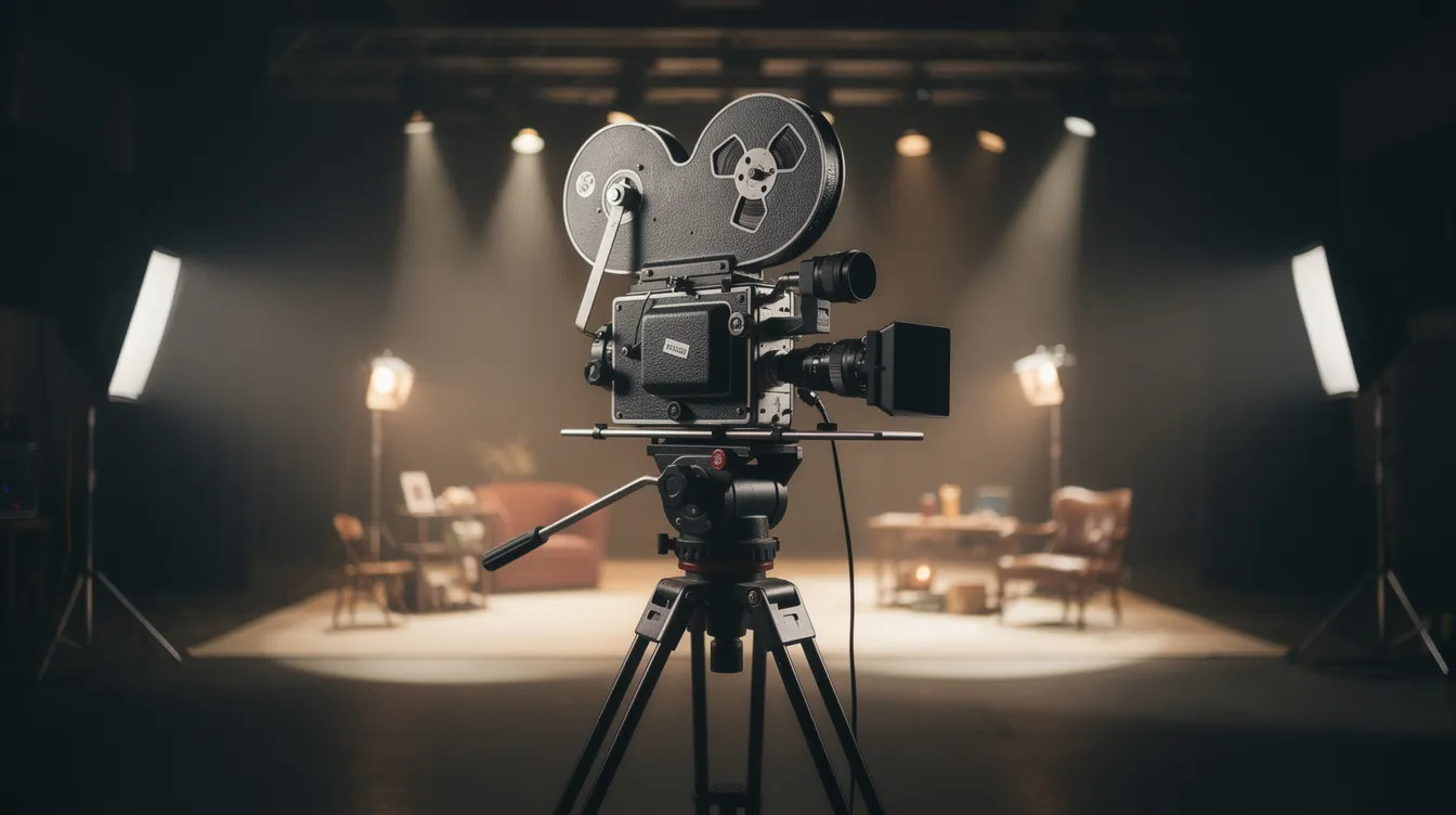 In einem abgedunkelten Filmstudio steht eine Vintage-Filmkamera auf einem Stativ, während im Hintergrund ein beleuchtetes Set zu sehen ist, das an die Atmosphäre eines klassischen Thrillers erinnert. Die Szene könnte an das berühmte Werk "Das Fenster zum Hof" erinnern, in dem das Leben der Nachbarn durch den Blick eines Fotografen beobachtet wird.