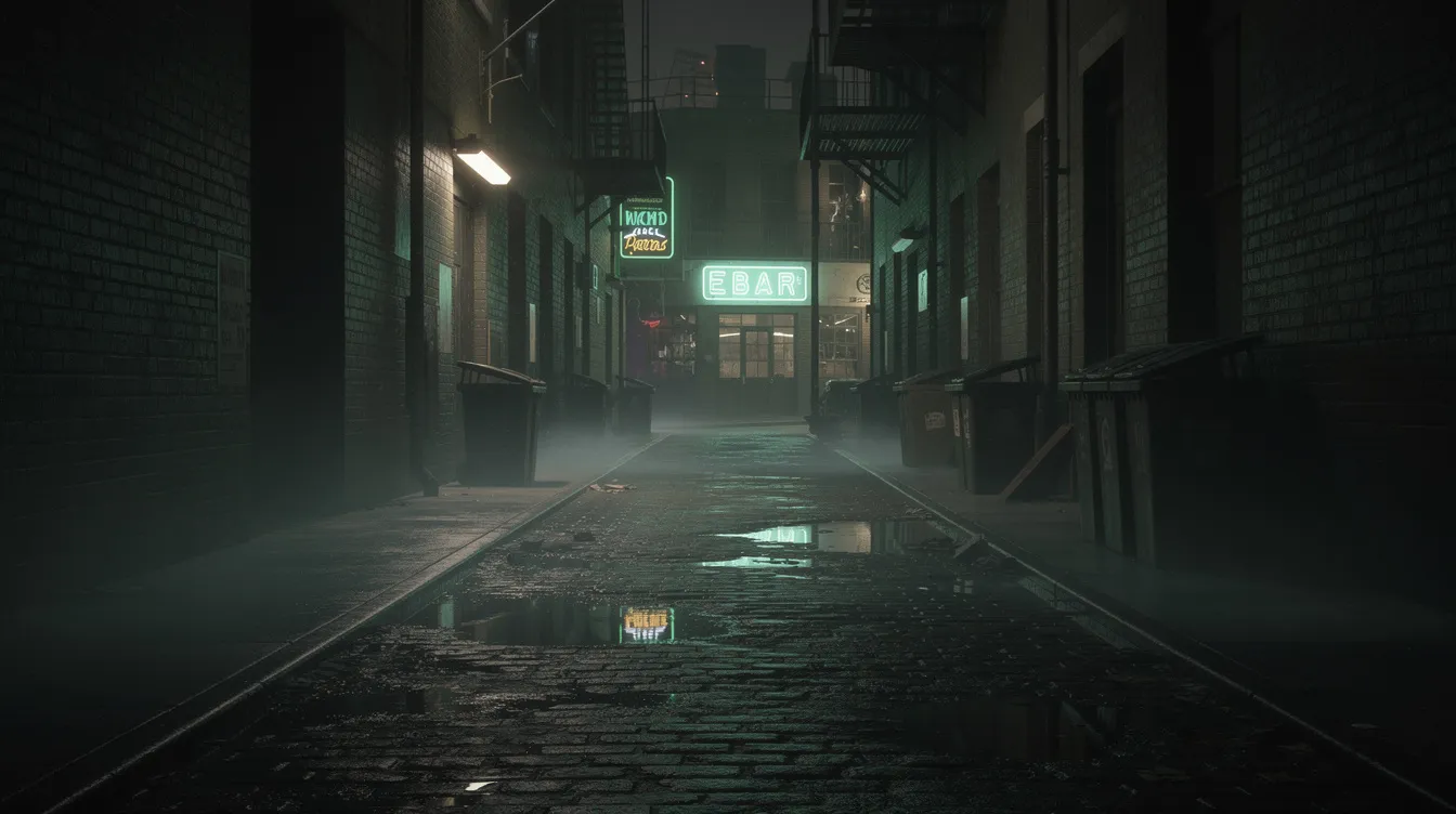 In einer dunklen Großstadtgasse bei Nacht reflektiert der grünlich-graue Schimmer auf den nassen Pflastersteinen das Neonlicht einer Bar im Hintergrund, was eine düstere Atmosphäre erzeugt, die an die Stimmung des Kultfilms "Fight Club" erinnert. Die Szene vermittelt ein Gefühl von Einsamkeit und urbanem Chaos, das die Themen des Films widerspiegelt.