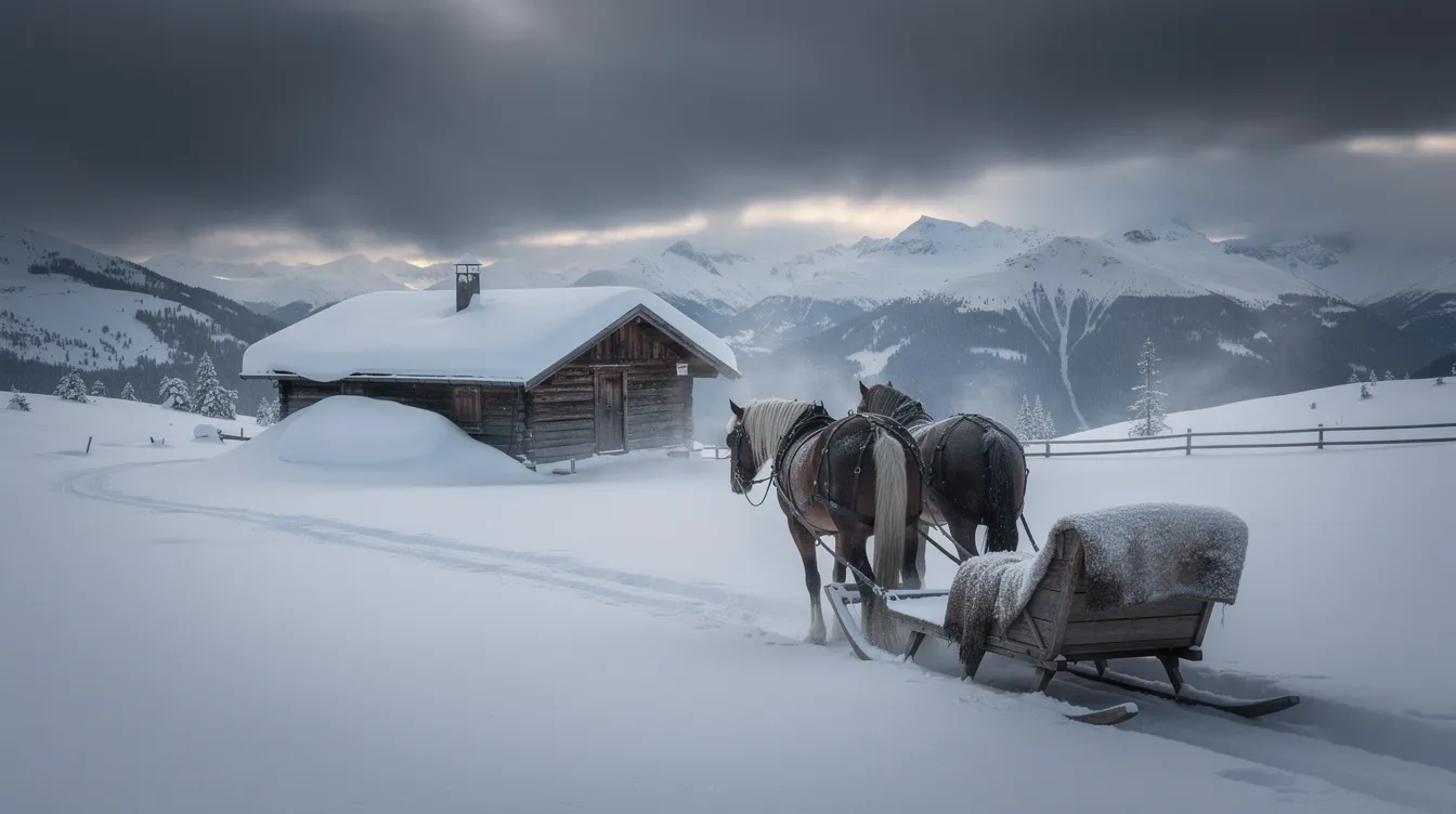Die verschneite Berghütte aus Holz steht in einer weiten Winterlandschaft, umgeben von dunklen Wolken. Im Vordergrund zieht ein einsames Pferdegespann durch die winterliche Szenerie, die an die stilvollen Kulissen in Quentin Tarantinos Filmen erinnert.