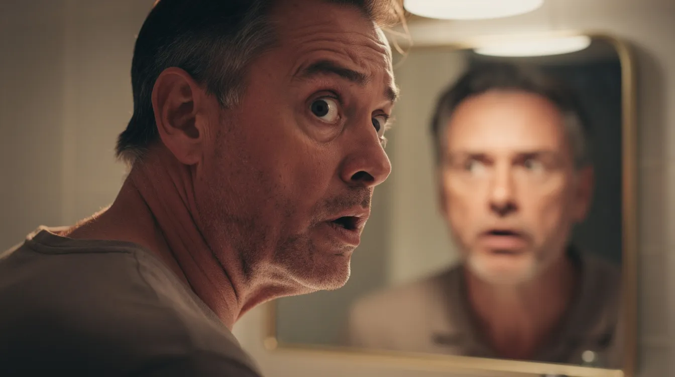 Die Nahaufnahme zeigt einen Mann mittleren Alters mit einem verwunderten Gesichtsausdruck, der in einen Spiegel blickt, während warmes Licht sanft auf sein Gesicht fällt. Diese Szene könnte aus einem Film wie "The Truman Show" stammen, in dem das Leben und die Suche nach der Wahrheit zentrale Themen sind.