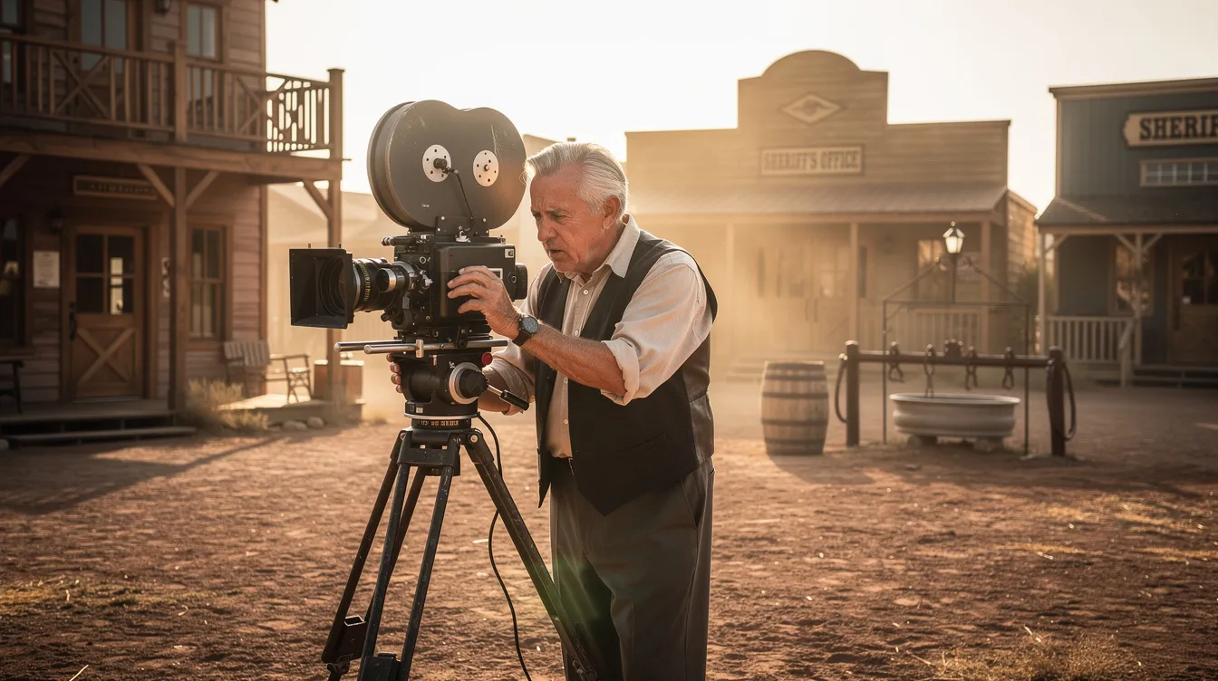 Ein älterer Regisseur mit grauem Haar steht hinter einer großen Filmkamera auf einem staubigen Filmset im Freien, umgeben von Westerndekorationen, die an klassische Italo-Western erinnern. Die Szene vermittelt das Gefühl eines klassischen Westernfilms, in dem Cowboys und Sheriff Little Bill Daggett eine Rolle spielen könnten.