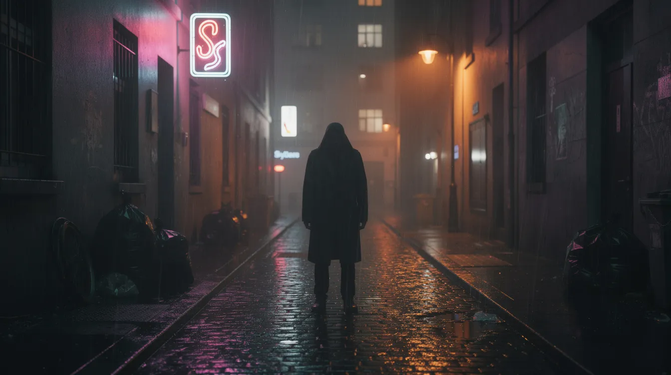 In der düsteren, regennassen Großstadtgasse steht eine einsame Gestalt, die nur von einem flackernden Neonlicht und einem fernen Straßenlicht beleuchtet wird. Diese Szene könnte als eine Hommage an die melancholische Atmosphäre in vielen Filmen dienen und spiegelt die Einsamkeit und die Herausforderungen des urbanen Lebens wider.