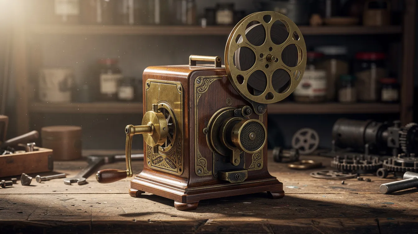 Ein antiker Filmprojektor aus Messing und Holz steht auf einem Holztisch in einer Werkstatt, komplett mit einer Handkurbel und einer Filmrolle. Dieses Gerät erinnert an die Erfindung des Kinos und die Pioniere wie die Brüder Lumière, die die erste öffentliche Filmvorführung ermöglichten.