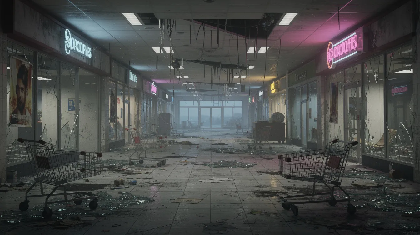 Das Bild zeigt ein verlassenes, dämmeriges Einkaufszentrum, in dem umgestürzte Einkaufswagen und zerbrochene Schaufensterscheiben die Atmosphäre von Angst und Schrecken vermitteln, wie in einem typischen Horrorfilm. Die Schatten und die Stille des Ortes verstärken das Gefühl der Bedrohung und Unsicherheit, das oft in Horrorfilmen zu finden ist.