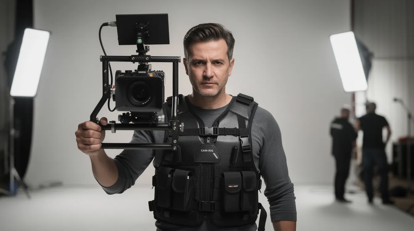 Das Bild zeigt einen Schauspieler, der mit einem Snorricam-Rig ausgestattet ist, welches an seiner Weste befestigt ist. Die Kamera ist auf den Schauspieler gerichtet und fängt seine Perspektive ein, was dem Zuschauer ein intensives Gefühl von Nähe und Bewegung vermittelt.
