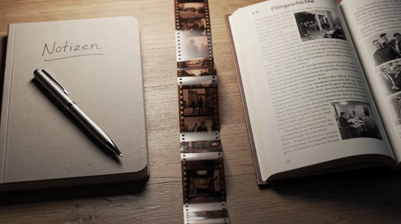 Auf einem Schreibtisch liegen ein Filmstreifen, ein Notizbuch und ein Stift, während daneben ein aufgeschlagenes Buch über Filmgeschichte zu sehen ist, das sich mit Themen wie Charlie Chaplin und seiner Tragikomödie "City Lights" beschäftigt. Der Schreibtisch vermittelt eine kreative Atmosphäre, die zur Filmanalyse und zum Verständnis der Filmkunst einlädt.