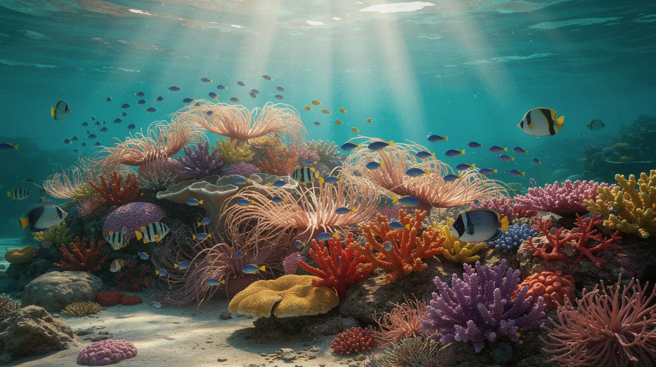 Ein farbenfrohes Korallenriff erstreckt sich unter Wasser, während Sonnenstrahlen durch die Wasseroberfläche brechen. Tropische Fische, darunter Clownfische, schwimmen zwischen lebhaften Anemonen und schaffen eine lebendige Unterwasserwelt, die an die Abenteuer von Marlin und Dory aus dem Animationsfilm "Findet Nemo" erinnert.