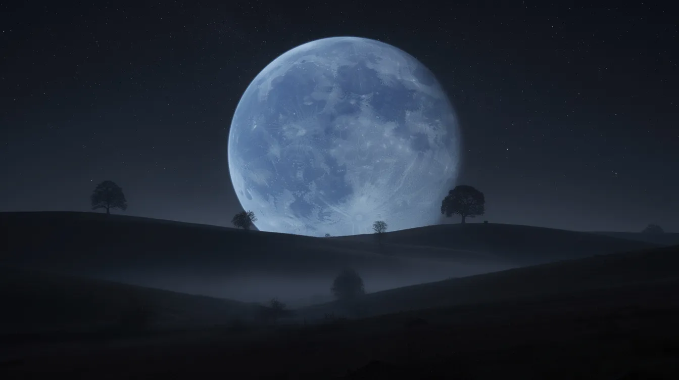 Ein riesiger blau-silberner Planet dominiert den Nachthimmel und lässt die dunkle Hügellandschaft darunter mit einzelnen Baum-Silhouetten klein erscheinen. Diese Szene erinnert an die melancholische Stimmung des Films "Melancholia" von Lars von Trier, in dem das Ende der Welt thematisiert wird.