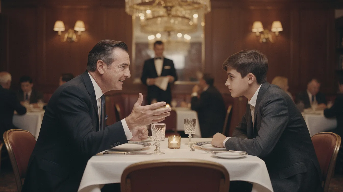 Ein Vater und sein Teenager-Sohn sitzen in einem eleganten Restaurant der 1960er Jahre, der Vater gestikuliert lebhaft und lächelt, während der Sohn aufmerksam zuhört. Diese Szene erinnert an die Dynamik zwischen Frank Abagnale und seinem Vater, wie sie in Geschichten von Flucht und Erfolg dargestellt wird.