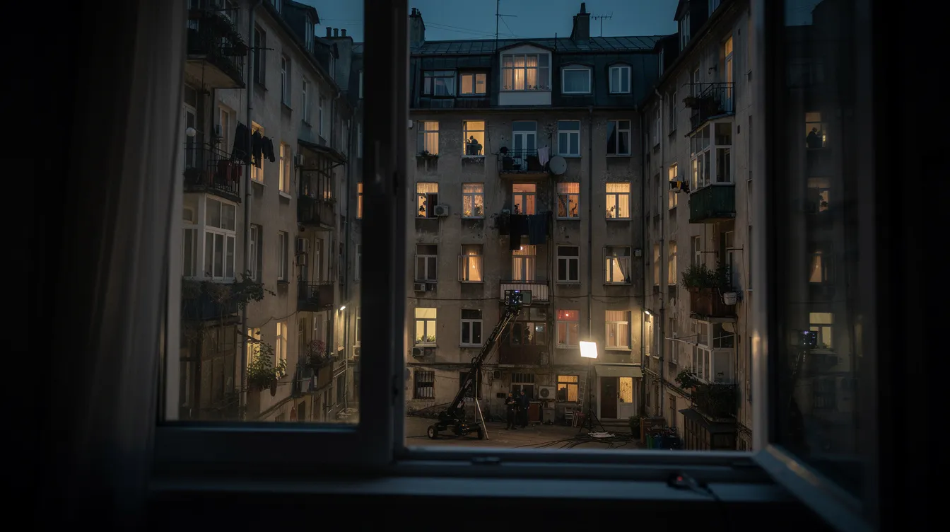 Der Innenhof eines Filmsets ist bei Nacht beleuchtet, mit vielen Fenstern kleiner Wohnungen, die einen Blick auf das Leben der Bewohner gewähren. Diese Szene erinnert an die spannungsgeladenen Werke von Alfred Hitchcock, in denen das Fenster zum Hof oft als zentrales Element der Filmgeschichte dient.