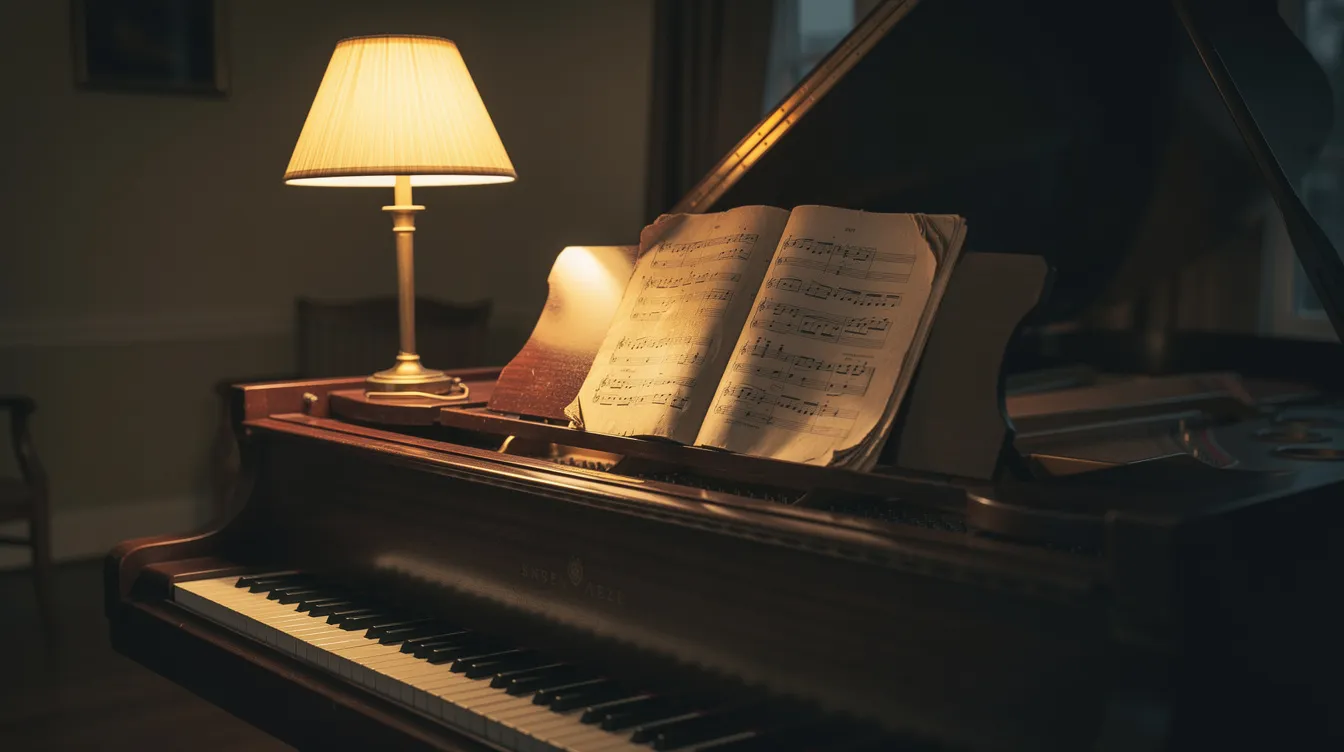 In einem schwach beleuchteten Raum steht ein Flügel, dessen Tasten sanft im warmen Licht einer Tischlampe schimmern. Auf dem Notenpult liegen Notenblätter, die auf eine bevorstehende musikalische Darbietung hinweisen und an die kreative Atmosphäre der DDR erinnern.