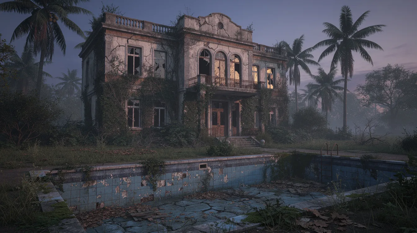 Die verfallene Villa im Stil der 1920er Jahre, umgeben von einem überwucherten Garten mit Palmen, strahlt bei der Abenddämmerung eine nostalgische Atmosphäre aus. Der leere Swimmingpool, der an vergangene glamouröse Zeiten erinnert, verstärkt das Gefühl von Verfall und Melancholie, ähnlich wie die Kulisse im Klassiker "Boulevard der Dämmerung".